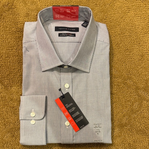 Tommy Hilfiger Other - Tommy Hilfiger Men's Striped Blue Dress Shirt, Athletic Fit Stretch